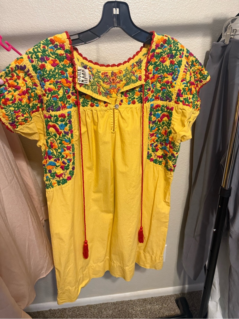 Yellow Embroidered Boho Mini Dress